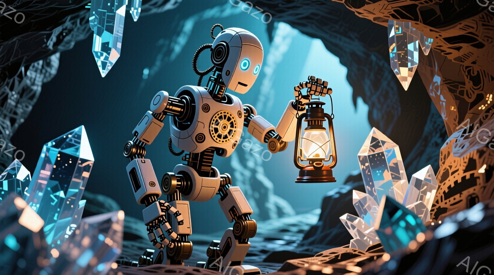 白いロボットが、洞窟のような場所で、古いランタンを持って立っている。ロボットは関節が多く、金属製の骨格が露出しており、未来的ながらもレトロなデザインが特徴的だ。背景には、青く輝く結晶や岩肌が広がり、神秘的な雰囲気を醸し出している。