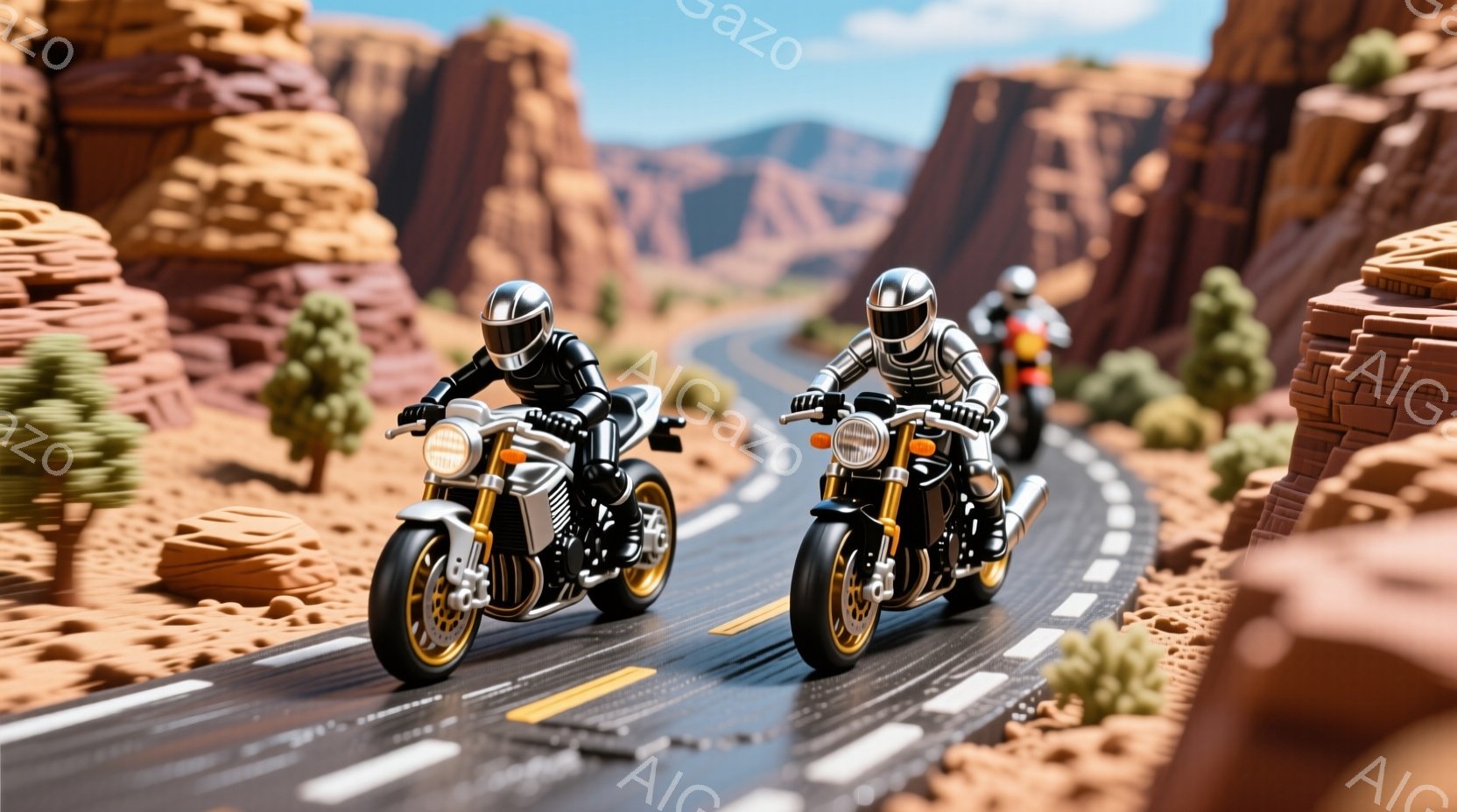 砂漠地帯の曲がりくねった道路を、二台の黒いオートバイが並んで疾走している。ライダーは黒い革のスーツとヘルメットを着用しており、顔は見えないが、スピードに乗って楽しんでいる様子が伝わってくる。背景には、赤茶色の岩山やサボテンが生い茂り、晴天の下、爽やかで躍動感あふれる雰囲気が漂っている。