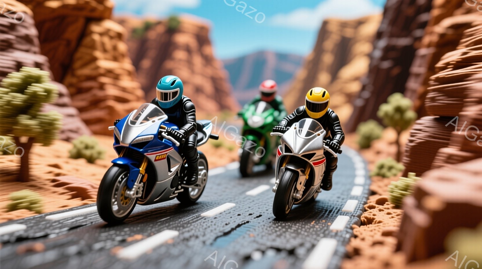模型のバイクが2台、オレンジ色の岩肌と緑の木々が並ぶ道を進んでいる。ライダーたちはヘルメットを被り、前かがみの姿勢でスピード感を出し、バイクはそれぞれ白と緑色で、ダイナミックな走りを表現している。背景は荒涼とした峡谷の風景で、晴天の下、バイクの冒険心を掻き立てるような雰囲気である。