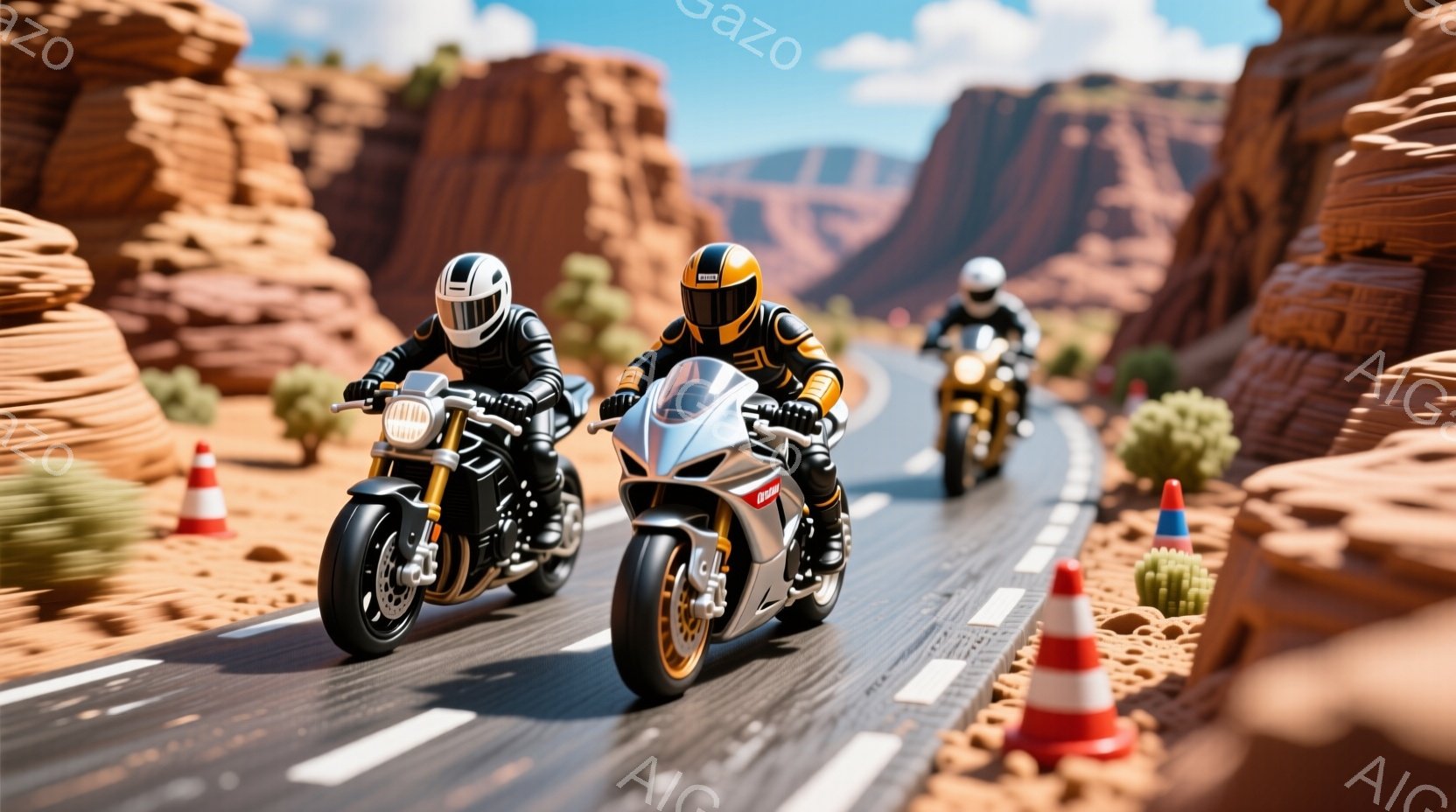 砂漠の曲がりくねった道路を、3台のオートバイが並んで走っている。ライダーたちは黒のレーシングスーツとヘルメットを着用し、それぞれ異なる色のヘルメットが特徴的で、運転に集中している様子が伺える。背景には赤い岩の山々が連なり、晴天の下、砂漠の壮大な風景が広がっている。