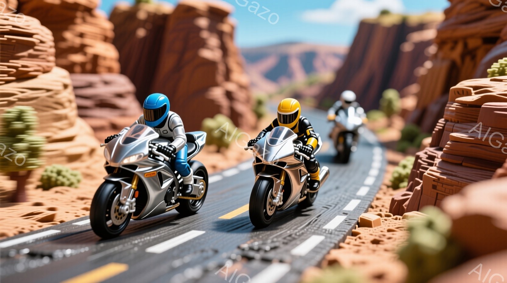 2台のオートバイが、岩だらけの風景の中を疾走している。ライダーはそれぞれ青と黒のヘルメットを被り、黒の革のスーツを着ている。背景には、赤茶色の岩の山々が連なり、晴天の下、スピード感あふれるダイナミックな雰囲気を醸し出している。