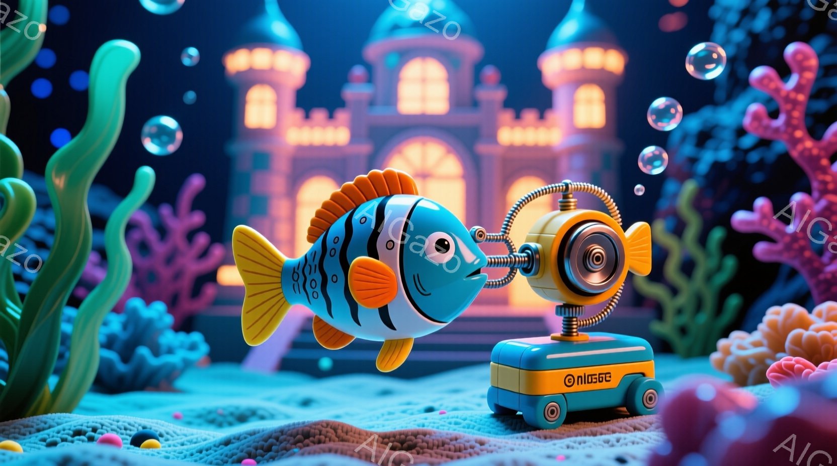 明るい珊瑚礁の中で、メカニックな台車に接続された青い魚が描かれています。魚は丸い目とわずかな笑顔を持ち、台車は様々な配管とホイールを備えています。背景には、カラフルなサンゴや泡、そしてファンタジーのような城が配置され、全体的に遊び心と夢のような雰囲気を醸し出しています。