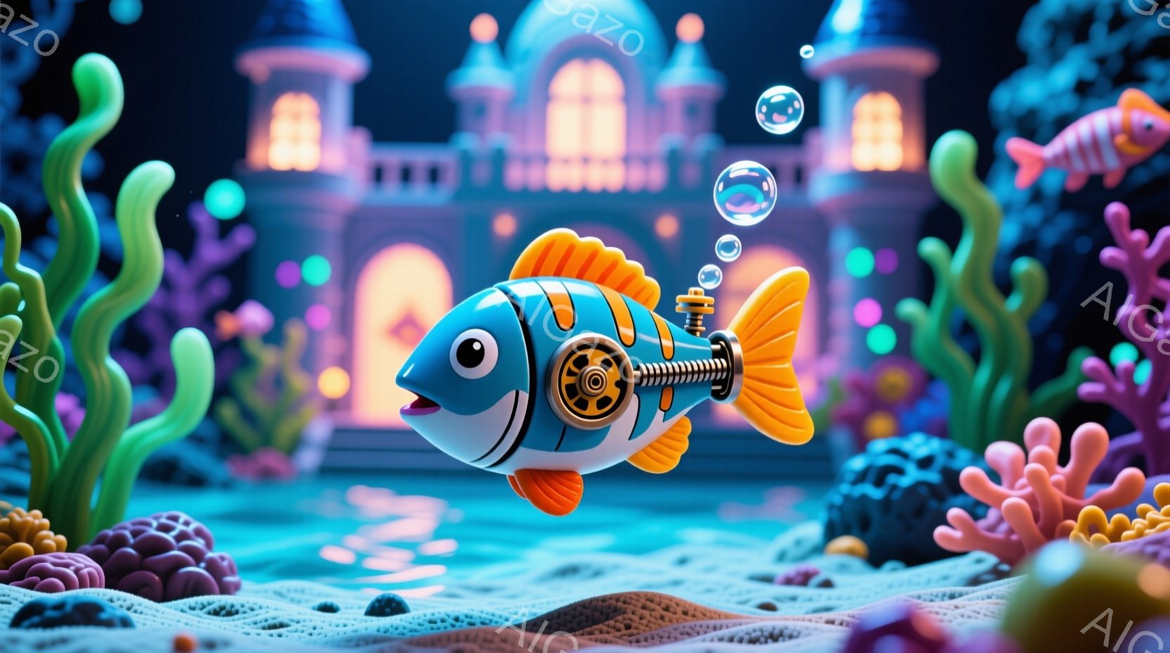 明るいターコイズブルーの魚が、複雑な機械仕掛けの尾びれを付けて海中を泳いでいる。背景には、ライトアップされたおとぎ話のような城がそびえ立ち、鮮やかな珊瑚礁や水草が海底を彩っている。全体的に、夢のような - AI生成フリー素材