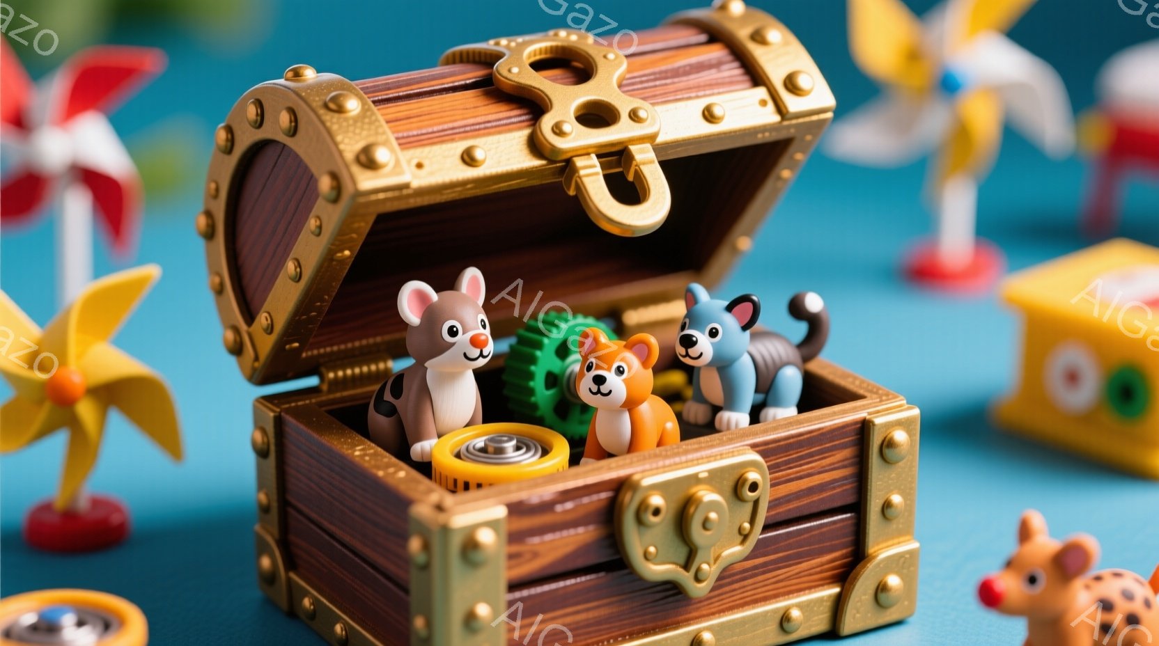 茶色い宝箱の中に、可愛らしい犬のフィギュアが数匹入っています。フィギュアはそれぞれ異なる色と模様を持ち、楽しそうに寄り添っています。背景は鮮やかな水色で、カラフルな風車やブロックのおもちゃが配置され、遊び心満載の雰囲気です。