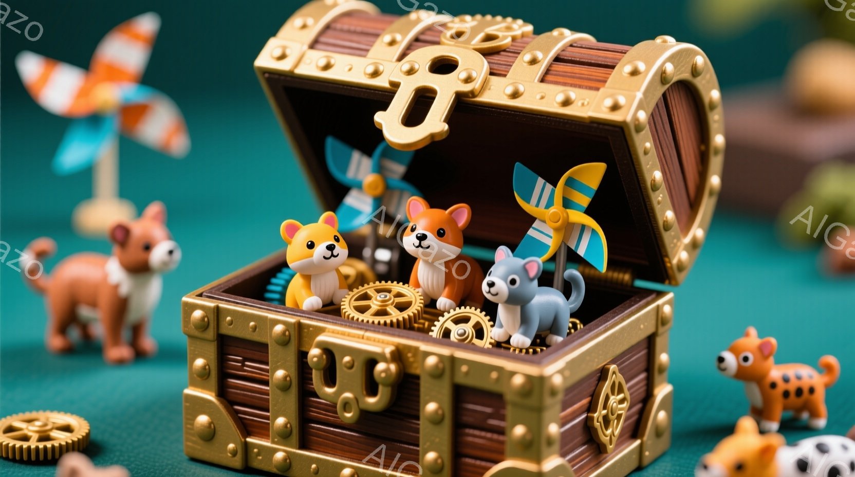 濃い緑色の背景に、開いた宝箱が置かれており、その中に可愛らしい犬のフィギュアが3匹並んでいます。フィギュアはそれぞれ異なる毛色で、中央の犬は少し微笑んでいる表情をしています。宝箱の中には歯車や蝶の羽が配置され、箱の周りにはさらに複数の犬のフィギュアが置かれており、おもちゃのような遊び心あふれる雰囲気を醸し出しています。