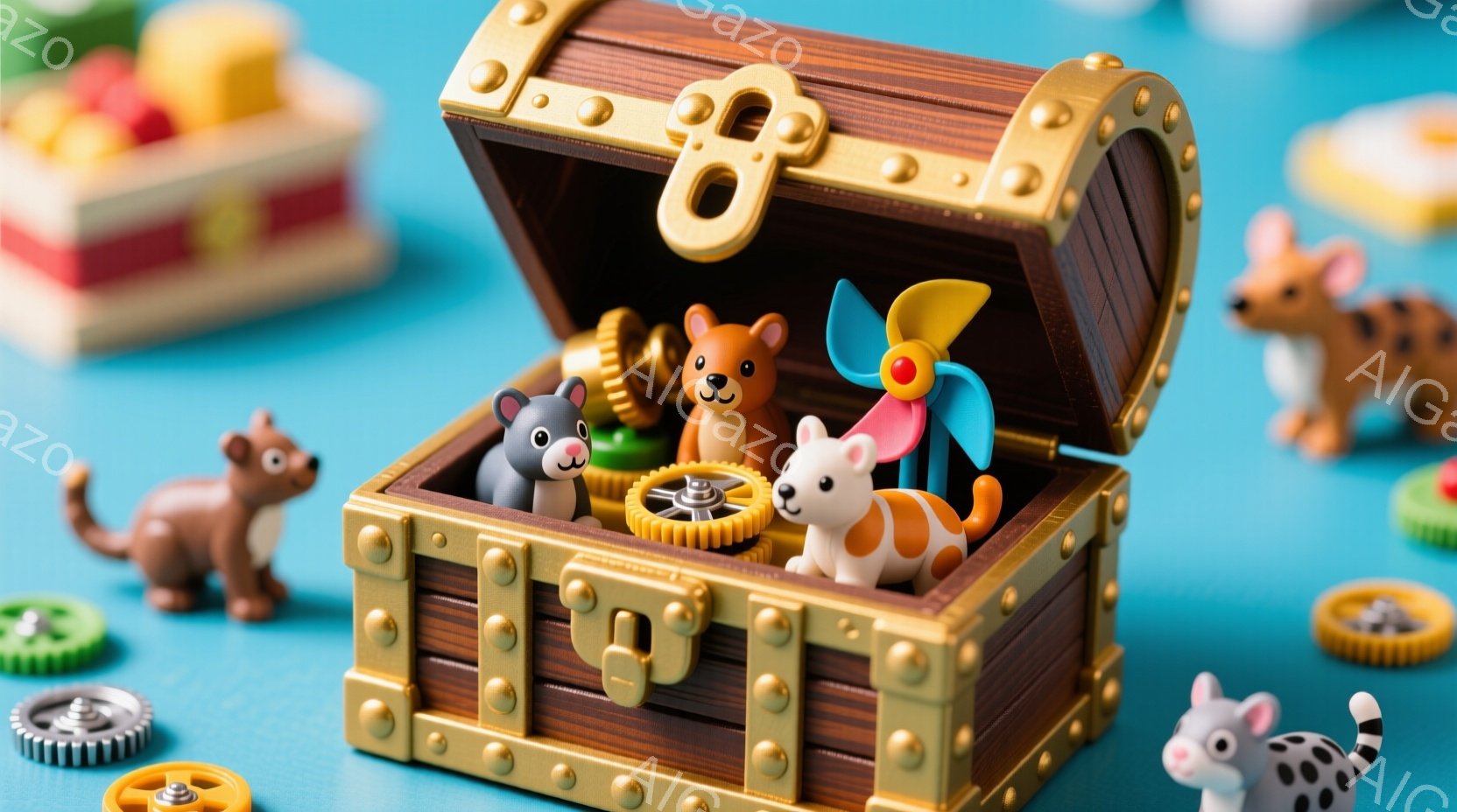 明るい水色の背景に、開いた宝箱が置かれています。宝箱の中には、犬、猫、キツネのミニチュア動物たちがおり、その周りには歯車が散らばっています。ミニチュア動物たちはそれぞれ異なるポーズで可愛らしい表情をしており、全体的に明るく楽しい雰囲気が漂っています。