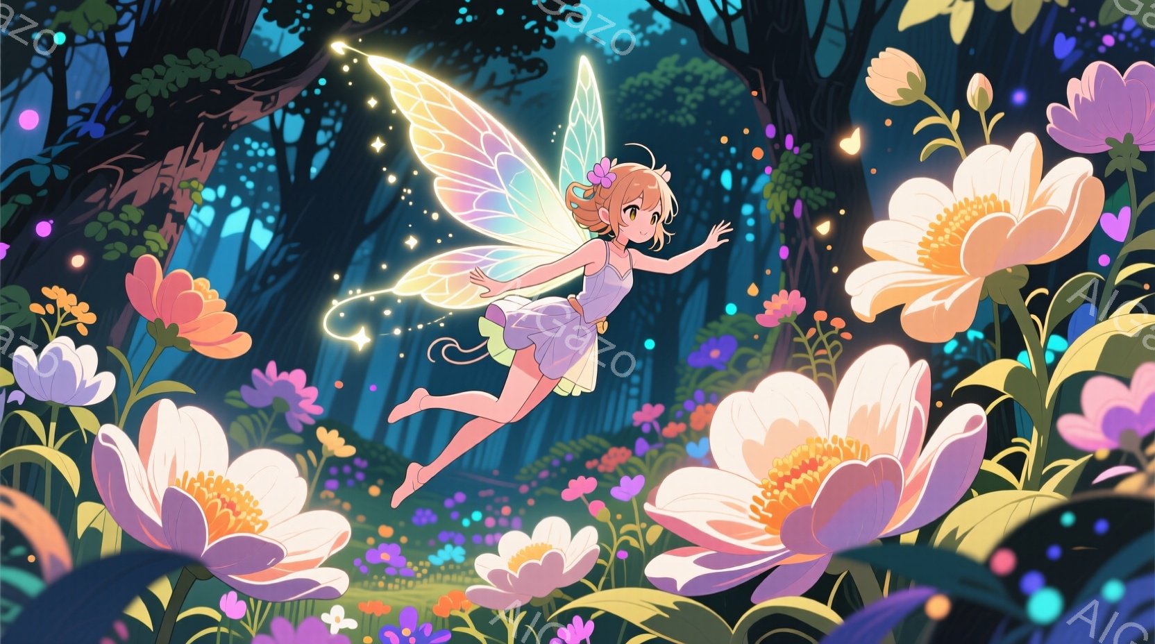 明るい緑色の森の中で、金髪の少女が妖精のように空を飛んでいる。白いドレスと、虹色に輝く大きな羽を持ち、楽しそうな笑顔を浮かべている。背景には巨大な花々が咲き乱れ、光の粒が舞い、幻想的で穏やかな雰囲気を - AI生成フリー素材