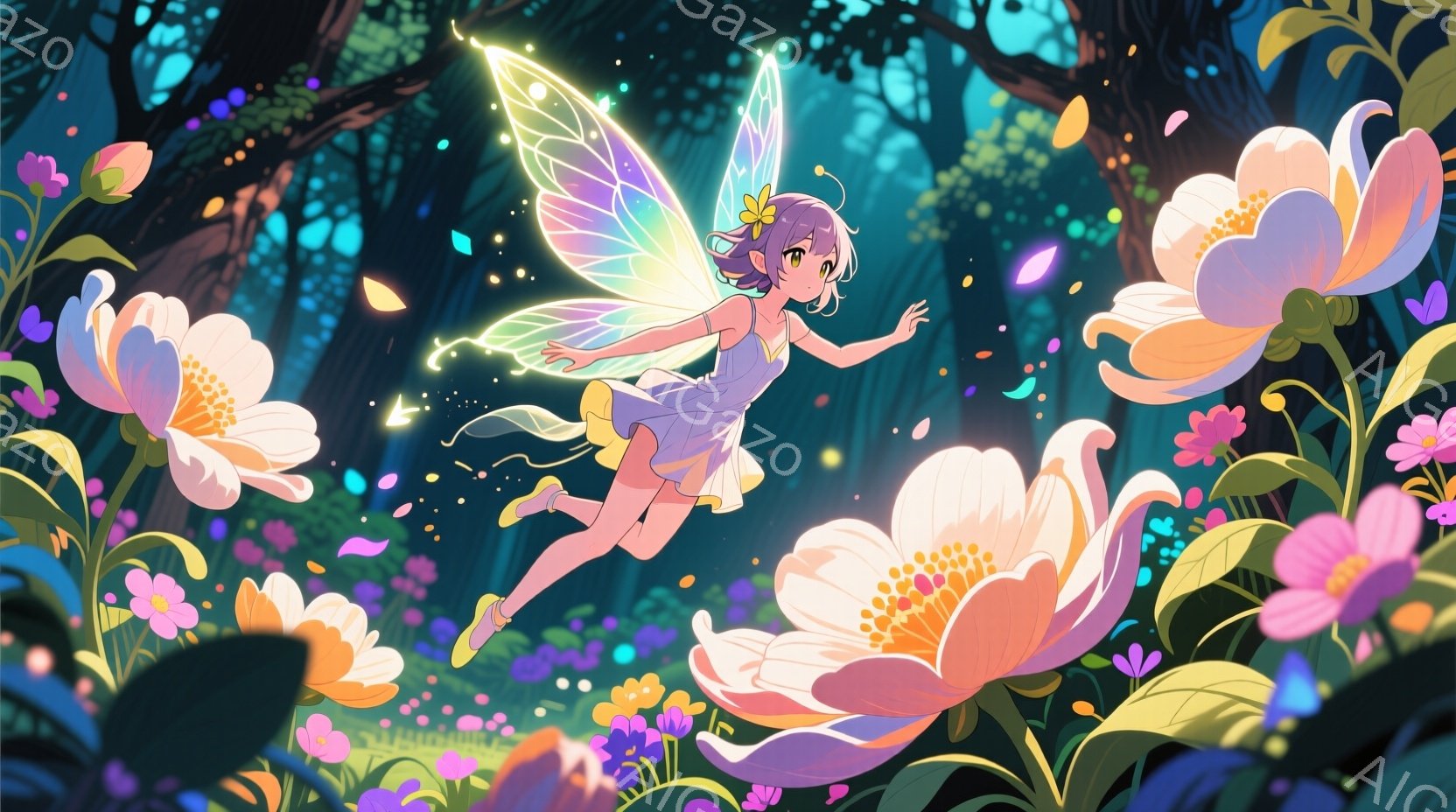 薄紫色の髪をハーフアップにし、花飾りをつけた少女が、光り輝く蝶のような羽を広げて空を舞っている。白いワンピースと、淡いピンク色の靴を履いており、表情は穏やかで、周囲の花々と共に幻想的な雰囲気を醸し出している。背景には、様々な色合いの花々が咲き乱れ、緑豊かな自然が広がっており、まるで妖精が住む秘密の花園のようだ。