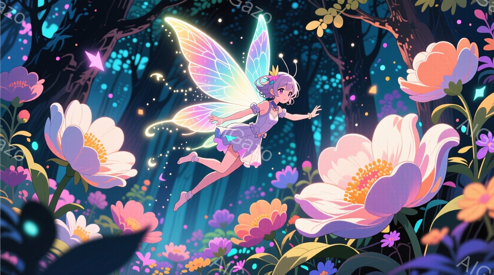 夜の森の中を、可愛らしい妖精の少女が舞っている。彼女は淡いピンク色のドレスと、虹色に輝く羽を持ち、金髪をツインテールにしている。背景には巨大な花々が咲き乱れ、幻想的な光が森全体を包み込んでいる。