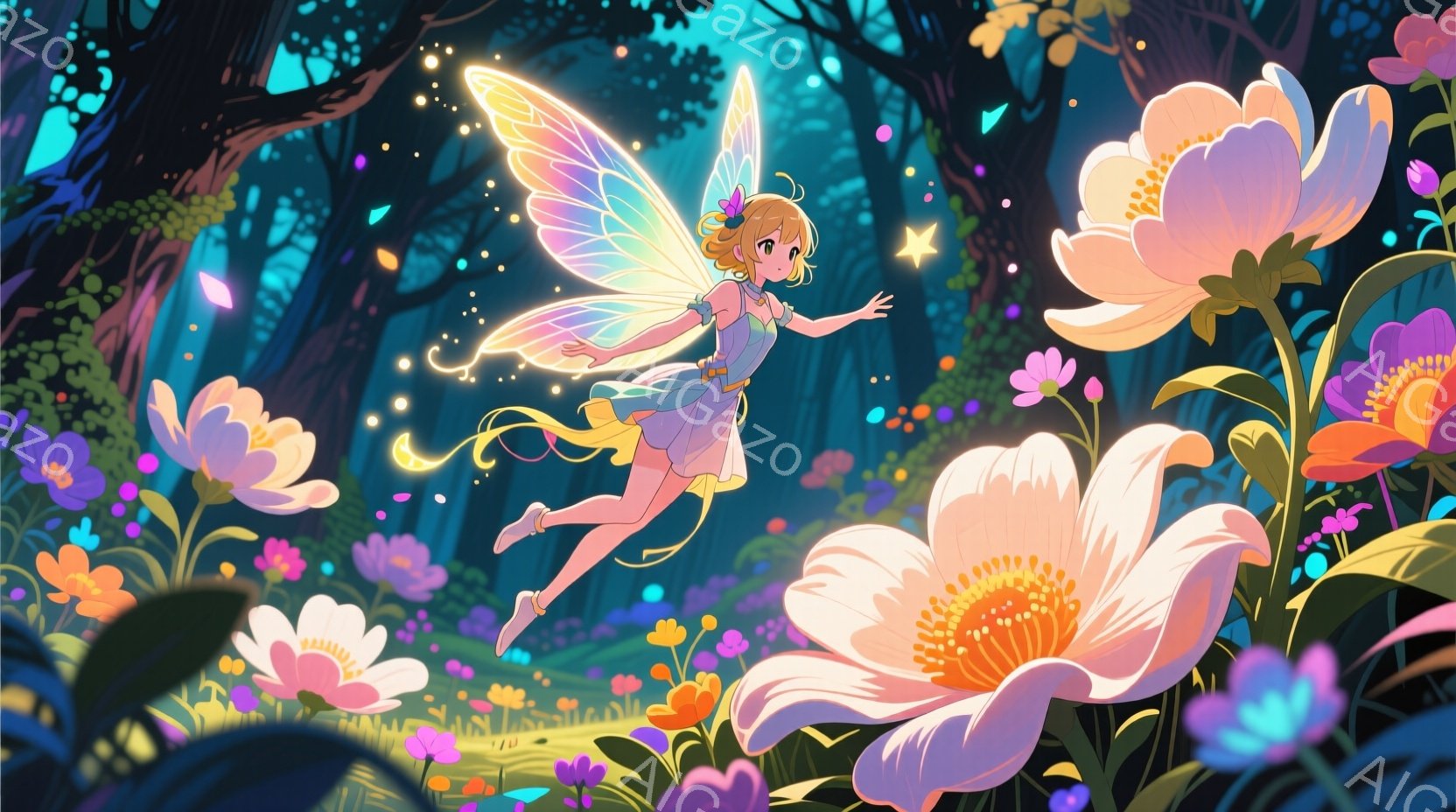 金髪の少女が、鮮やかな花々に囲まれた森の中で、虹色の翼を広げて飛んでいる。彼女は白いワンピースを着ており、髪には花飾りをつけている。背景には濃い緑の木々と光の粒子が散りばめられており、幻想的な雰囲気を醸し出している。