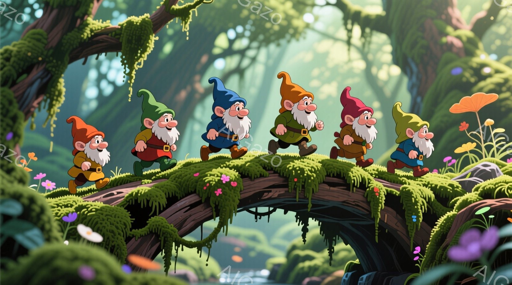 鮮やかな緑色の帽子をかぶった小人が、苔むした木の橋の上を活発に歩いている。彼らはそれぞれ赤、黄、オレンジ、緑、青の異なる色の服を着ており、にっこりとした表情で楽しそうにしている。背景は緑豊かな森で、柔らかい光が差し込み、幻想的で平和な雰囲気を作り出している。