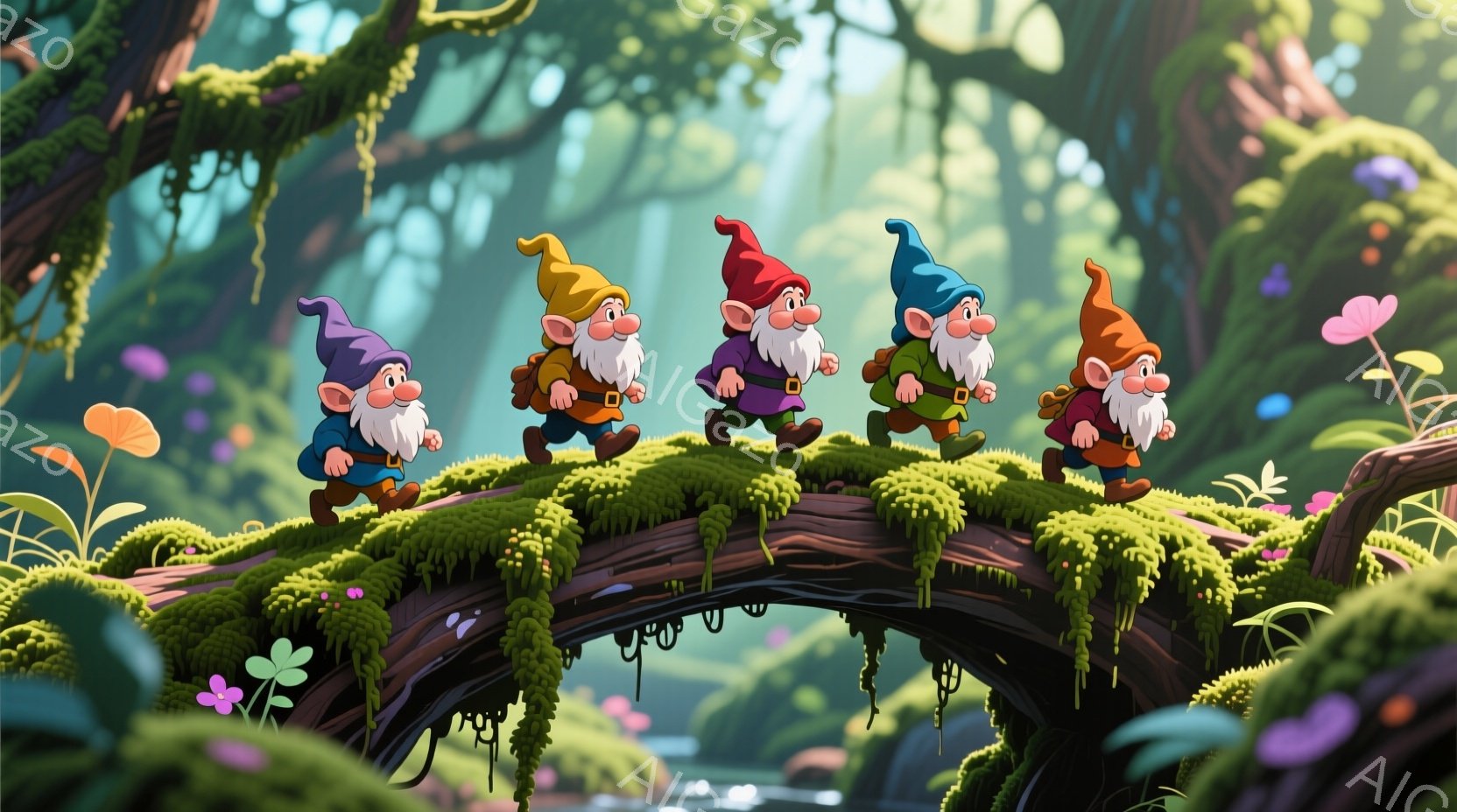 小さな妖精のような男たちが、苔むした丸太の橋の上を並んで歩いている。それぞれ赤い、青い、黄色の帽子をかぶり、茶色の髭と笑顔を見せている。背景には緑豊かな植物が生い茂り、幻想的で陽気な雰囲気を醸し出して - AI生成フリー素材