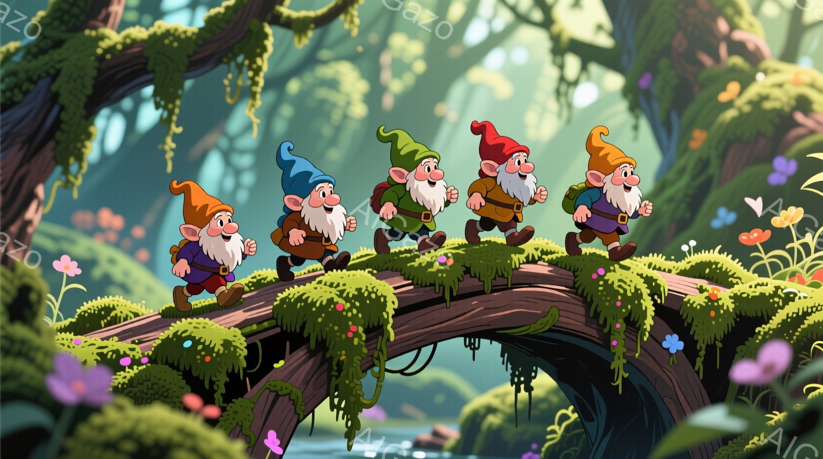 緑色の苔むした丸太の橋の上を歩く5人の小人が描かれています。それぞれ異なる色の帽子（赤、青、緑、黄、オレンジ）を被り、白いひげを生やし、笑顔で前を見据えています。背景には緑豊かな森林が広がり、様々な花々が咲き乱れ、穏やかで幻想的な雰囲気を醸し出しています。