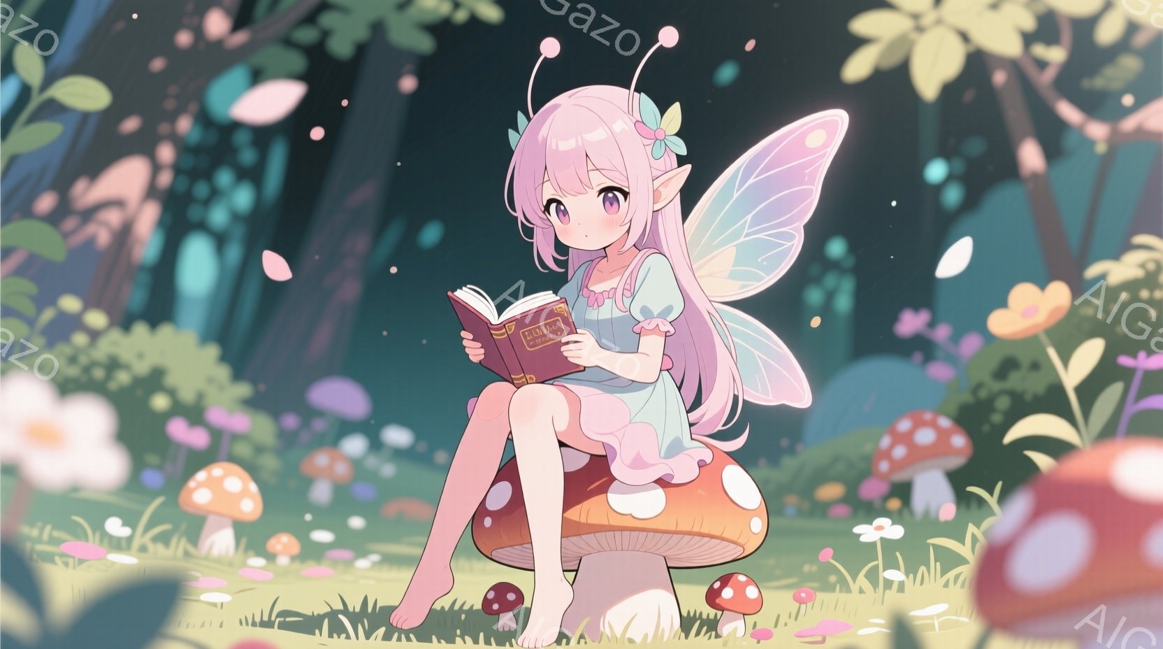 このイラストは「パニック！」という作品から取り出したキャラクターをデザインしたものです。主人公であるリル・フィロールが、自分が生まれた場所である森で静かに読書を行っている様子が表現されています。彼女は童話の世界に没頭し、小さな翼を持つフェアリーのような外見で、花や虫の飛来を喜んで見守っているような表情が描かれています。背景は夜空に彩りのある星と、春の木々、そして暗闇の中に照らされる花で構成されており、幻想的な雰囲気が漂っています。