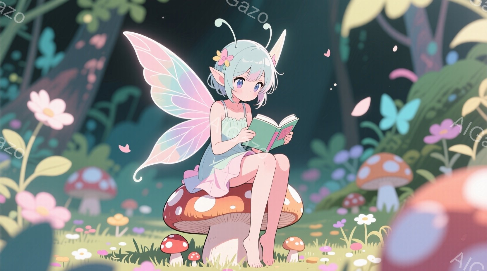 薄緑色の髪に花飾りをつけた少女が、大きな赤いキノコの上に座って本を読んでいます。彼女は肩出しの白いワンピースを着ており、羽と尖った耳を持っています。背景には様々なキノコや花が咲き乱れ、幻想的な雰囲気を - AI生成フリー素材