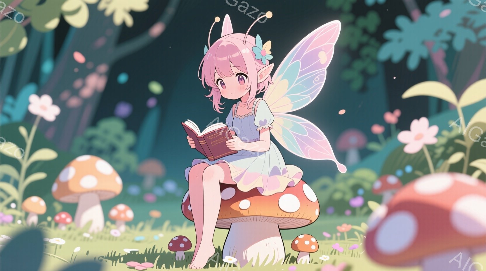 フェアリーのようなキャラクターが夜の森で、お話を聴きながら垂れ下がったポストに座っています。彼女は着物と髪装飾をしており、表情は懐かしく、目を上げるようにしています。背景は木々で、白い花が飛び交っています。全体的に穏やかで美しい印象です。