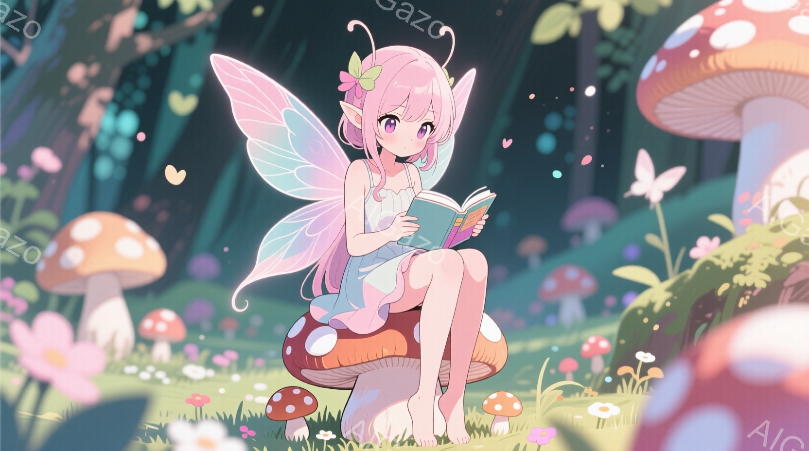 ピンク色の髪に花飾りをつけた妖精の女の子が、大きなキノコの傘の上に座って本を読んでいます。薄いピンク色のドレスを着ており、足はむき出しになっています。背景には様々なキノコが生い茂り、緑豊かな草地と花が - AI生成フリー素材