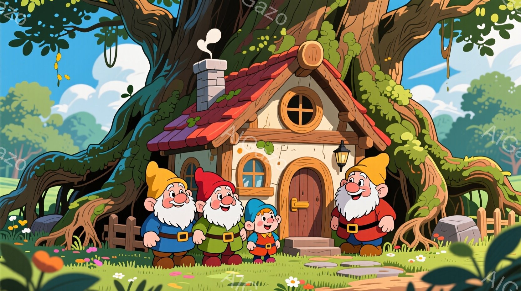 画面には、可愛らしい小人たちが、丸太で作られた家の前に並んでいます。小人たちは、赤、青、黄色のカラフルな衣装に身を包み、白いひげを生やし、笑顔を浮かべています。背景には緑豊かな自然が広がり、暖かく穏やかな雰囲気を醸し出しています。