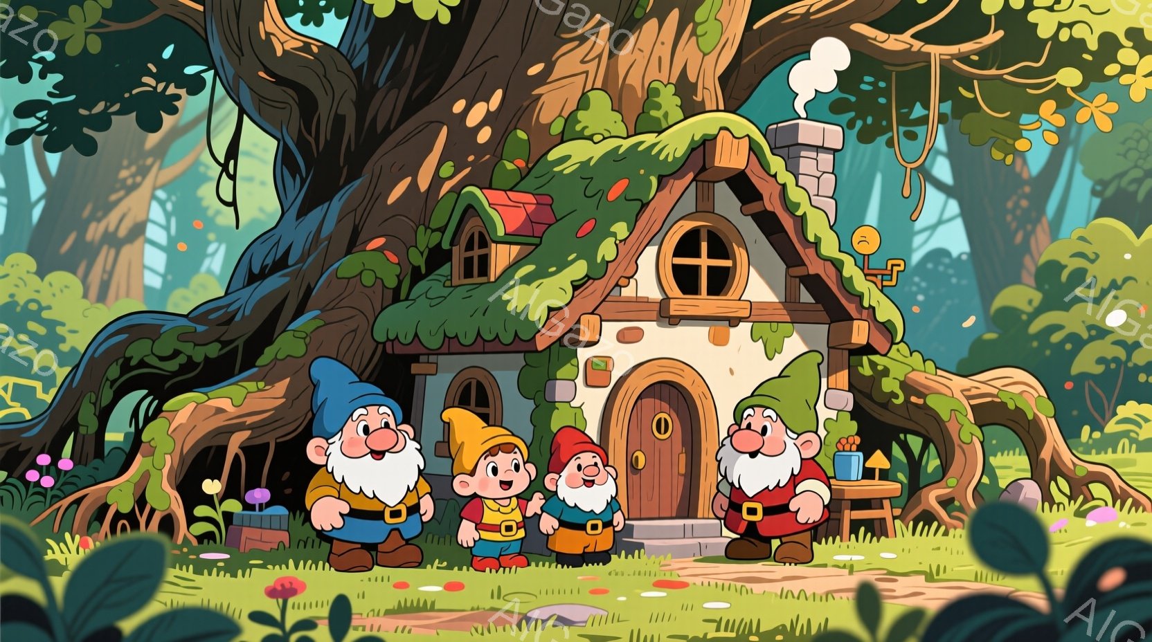 かわいらしい帽子をかぶった4人の小人が、丸い鼻と白いひげで特徴づけられています。彼らは、赤、青、黄色、オレンジ色の服を着ており、それぞれ異なるポーズで立っています。背景には、つる植物で覆われた小さなコテージがあり、周囲にはカラフルなキノコや緑豊かな植物が生い茂り、温かくファンタジックな雰囲気を醸し出しています。