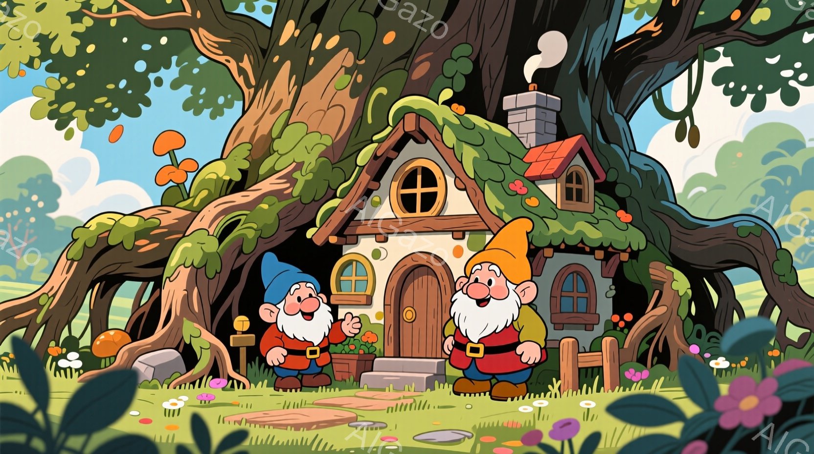 根元が広がる大きな木のそばに、赤い帽子と服を着た二人の小人が立っています。彼らは笑顔で両手を広げ、楽しげな表情をしています。背景には、可愛らしい屋根と煙突のある小さな家があり、緑豊かな自然とピンク色の - AI生成フリー素材