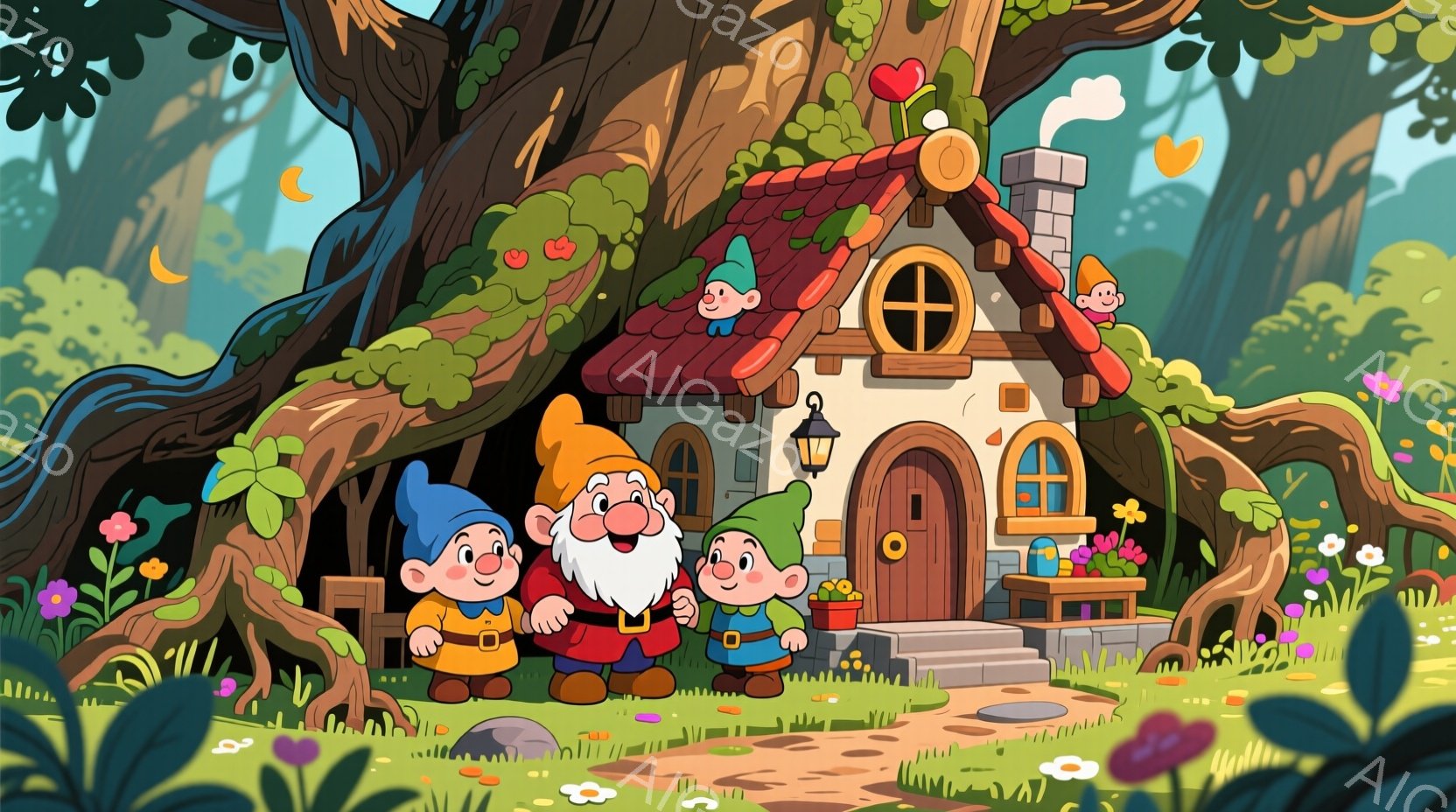 可愛らしい小人が、可愛らしい家と森の中にいます。小人は皆、赤、緑、黄色とカラフルな服を着て、笑顔でカメラを見つめています。背景には、植物が生い茂る森と、可愛らしいデザインの家があり、温かく、おとぎ話の - AI生成フリー素材