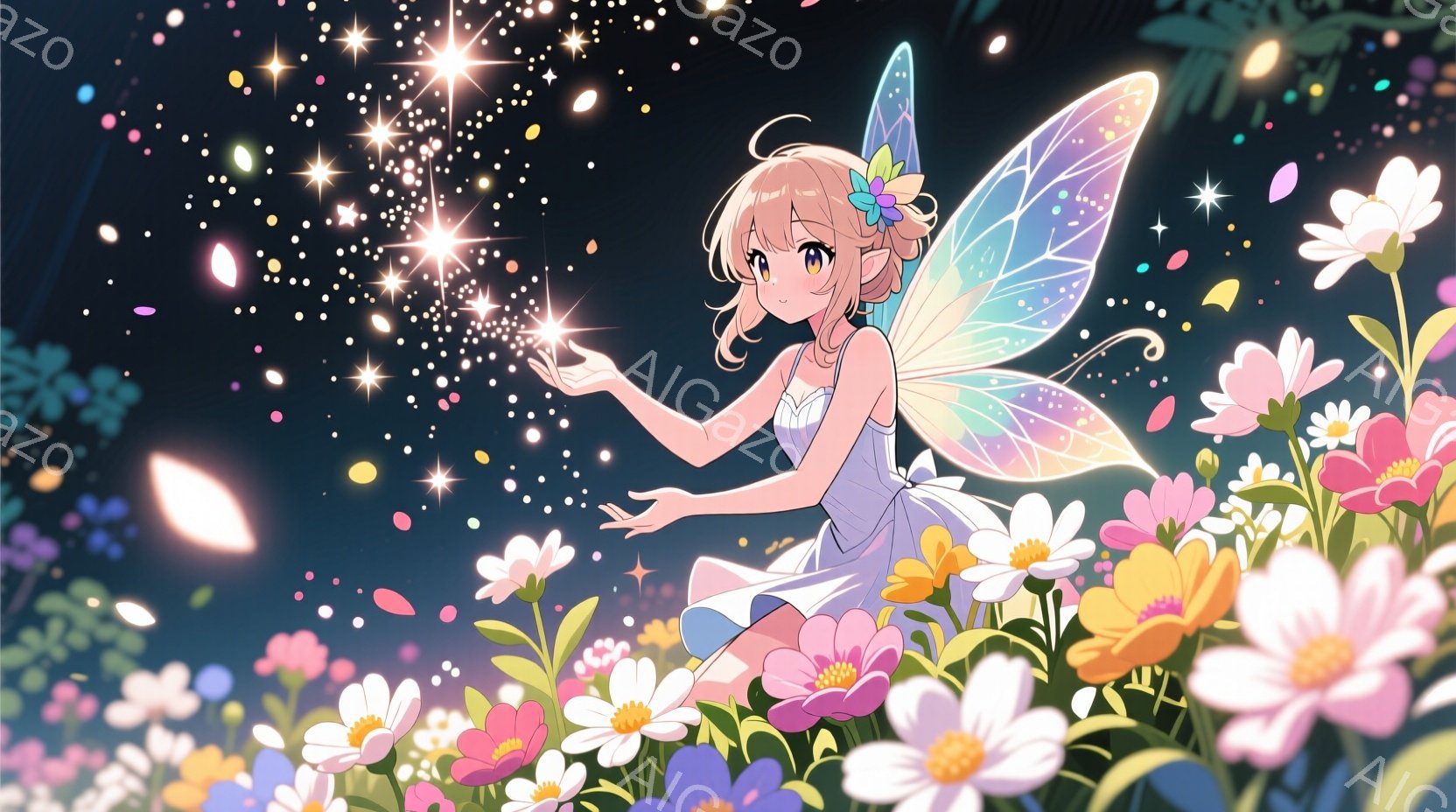 薄紫色のドレスを着た少女が、輝く光の粉を手に抱えています。彼女は金髪の髪を少しカールさせ、花の髪飾りをつけています。背景には色とりどりの花々が咲き乱れ、夜空には星屑が舞い、幻想的な雰囲気を醸し出してい - AI生成フリー素材