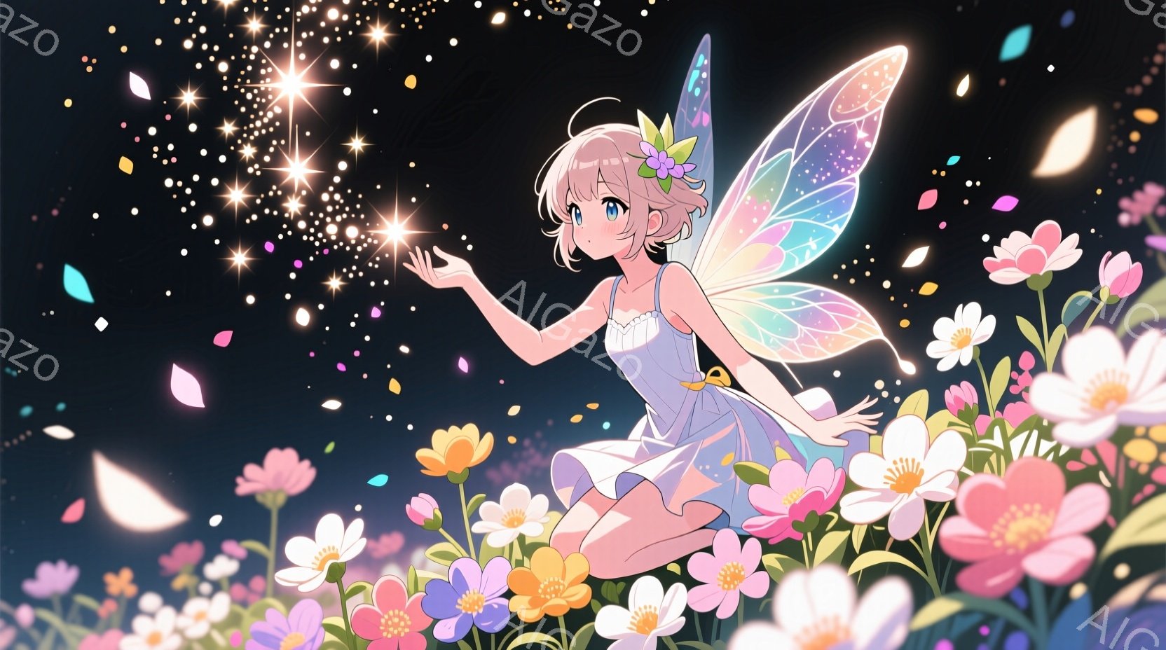 淡いラベンダー色のドレスを着た少女が、ひざまずいて花畑の中にいます。彼女は透明感のある虹色の羽を持ち、片手を伸ばしてきらめく光を集めています。背景は暗く、花畑全体が幻想的な光の中で輝いており、優雅で夢幻的な雰囲気を醸し出しています。