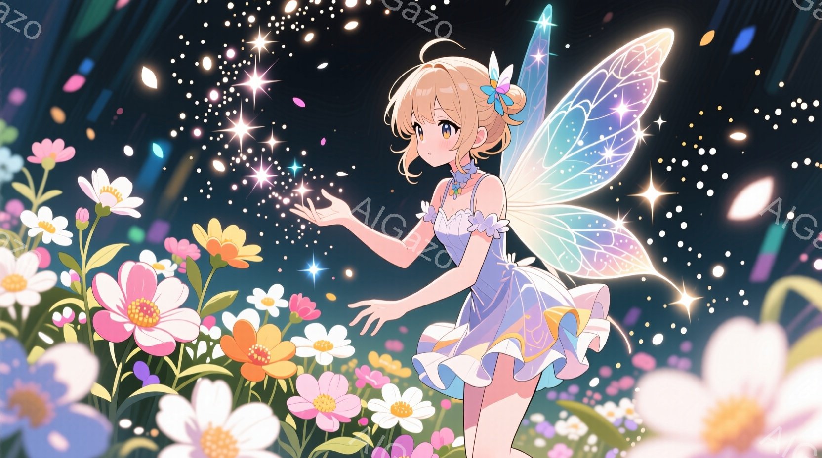 明るい金髪の少女が、淡い紫と水色のフリルドレスと透明感のある羽を身につけています。彼女は片手を前に伸ばし、手のひらにはキラキラと輝く光を集めています。背景には色とりどりの花々が咲き乱れ、幻想的な雰囲気を醸し出しています。