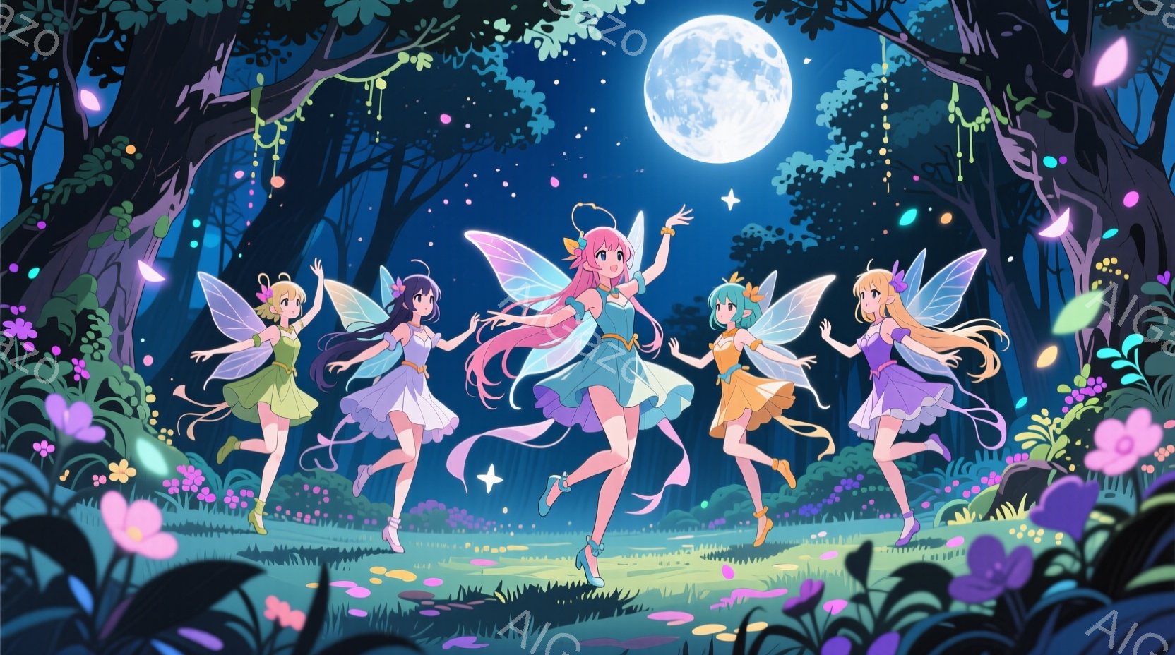 夜の森の中で、ピンク、紫、水色、緑、黄色のドレスを着た五人の少女たちが楽しそうに踊っています。彼女たちは皆、羽根を持ち、髪型は長く、表情は明るく、活気に満ちています。背景は緑豊かな植物と花で満たされ、月明かりが差し込み、幻想的で魔法のような雰囲気を醸し出しています。