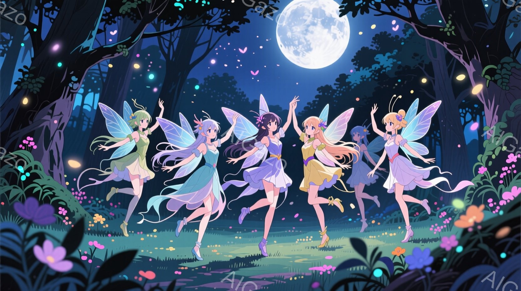 少女たちは皆、妖精のような翼を持ち、それぞれ異なる色のドレスを着ています。彼女たちは楽しそうに飛び跳ね、満月と光る植物に囲まれた森の中で踊っています。背景には深い緑の木々があり、幻想的で喜びにあふれた雰囲気です。