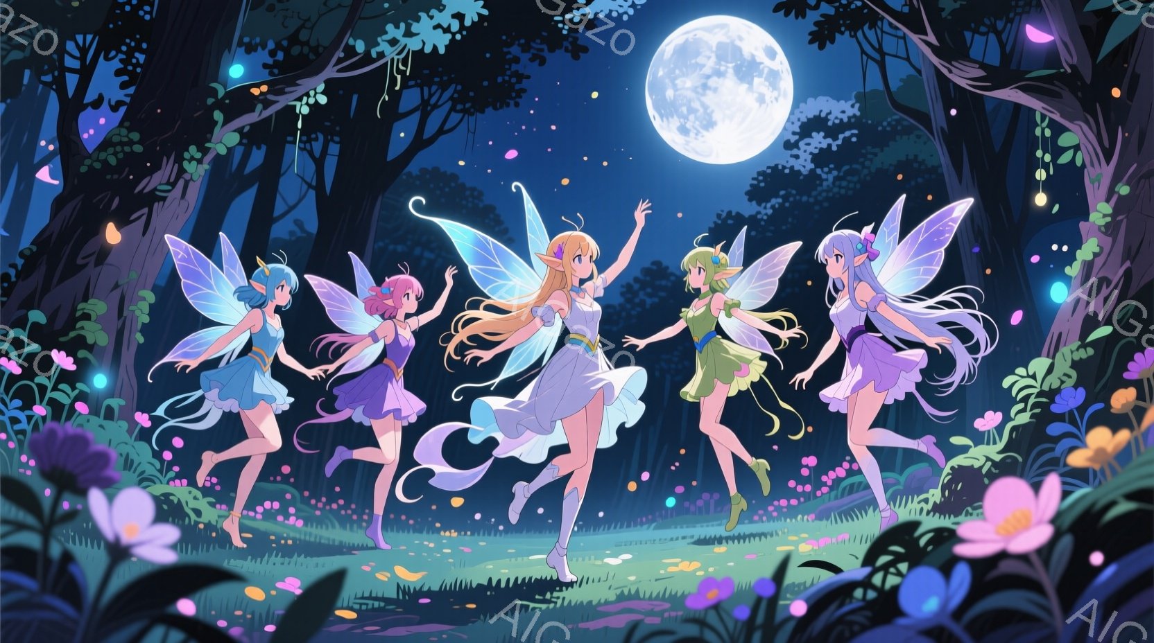 月明かりの下で舞い踊る、翼を持つ5人の少女が描かれています。それぞれ異なる色の髪と衣装を身につけ、楽しげな表情で躍動感のあるポーズをとっています。背景には暗い森が広がり、夜空には満月が輝き、幻想的な雰 - AI生成フリー素材