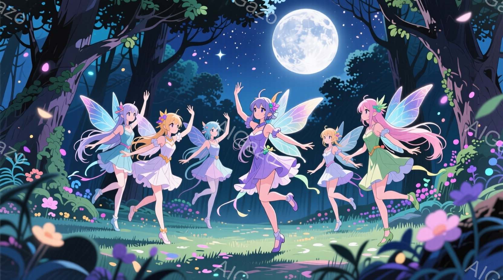 夜の森の中で、複数の少女たちが妖精のように舞い踊っている様子が描かれている。彼女たちはそれぞれ異なる色のドレスを着ており、髪型も多様で、顔には楽しげな表情が浮かんでいる。背景には月が輝き、周囲の草木が - AI生成フリー素材