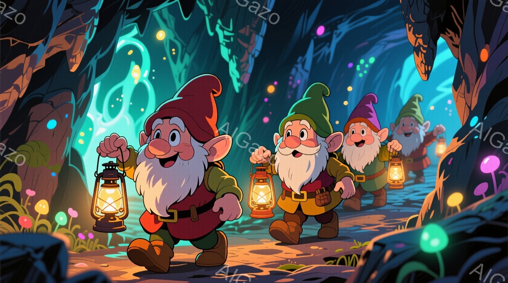 画面には、ひげを蓄えた小人たちが、提灯を手に暗い洞窟の中を歩いている様子が描かれている。彼らは赤、緑、茶色の服を着ており、表情は楽しそうで、活気に満ちている。背景には、光るキノコやねじれた根があり、洞 - AI生成フリー素材