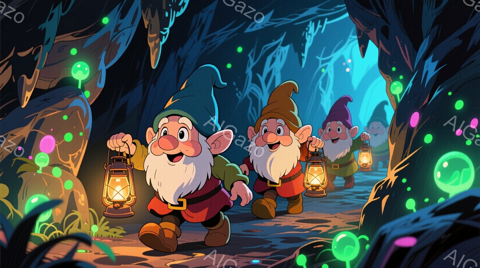 3人の小人が暗い森の中を歩いている様子が描かれています。それぞれ赤い帽子と茶色の服を着ており、手に提灯を持って足元を照らしています。背景は木の根や枝が絡み合った暗い森で、空には緑色やピンク色の光る玉が浮かび、神秘的な雰囲気を醸し出しています。