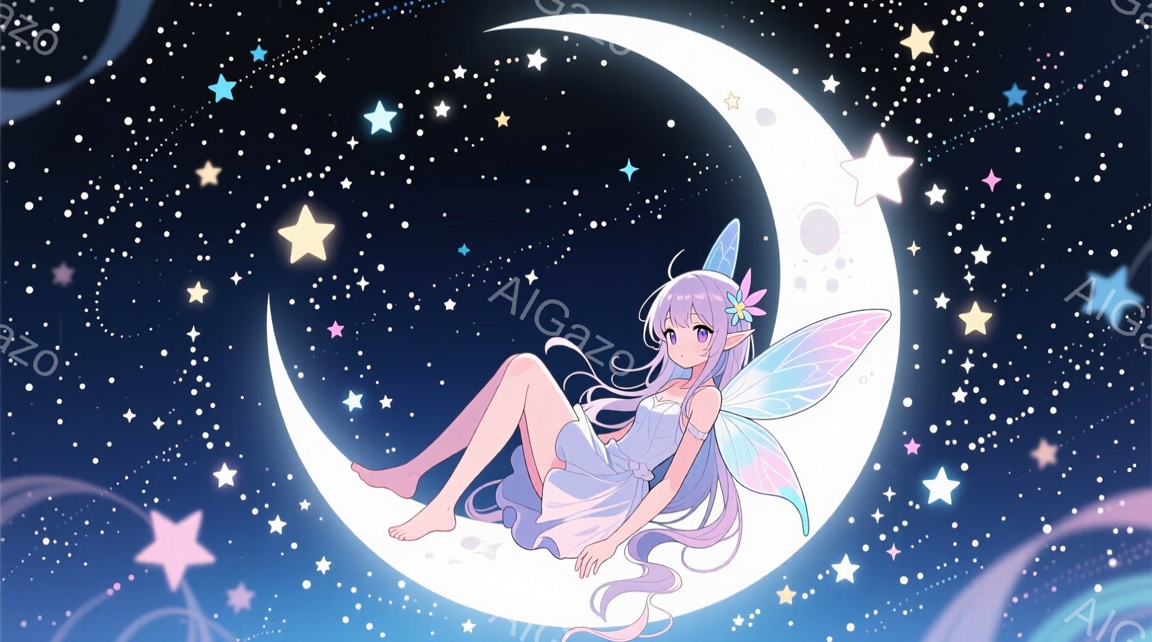 淡い紫色の髪に白い花飾りをつけた少女が、満月の上で優雅に座っている。白いレースのドレスを着ており、透明感のある蝶のような羽が背中に広がっている。背景は星が散りばめられた夜空で、全体的に幻想的で夢幻的な雰囲気が漂っている。