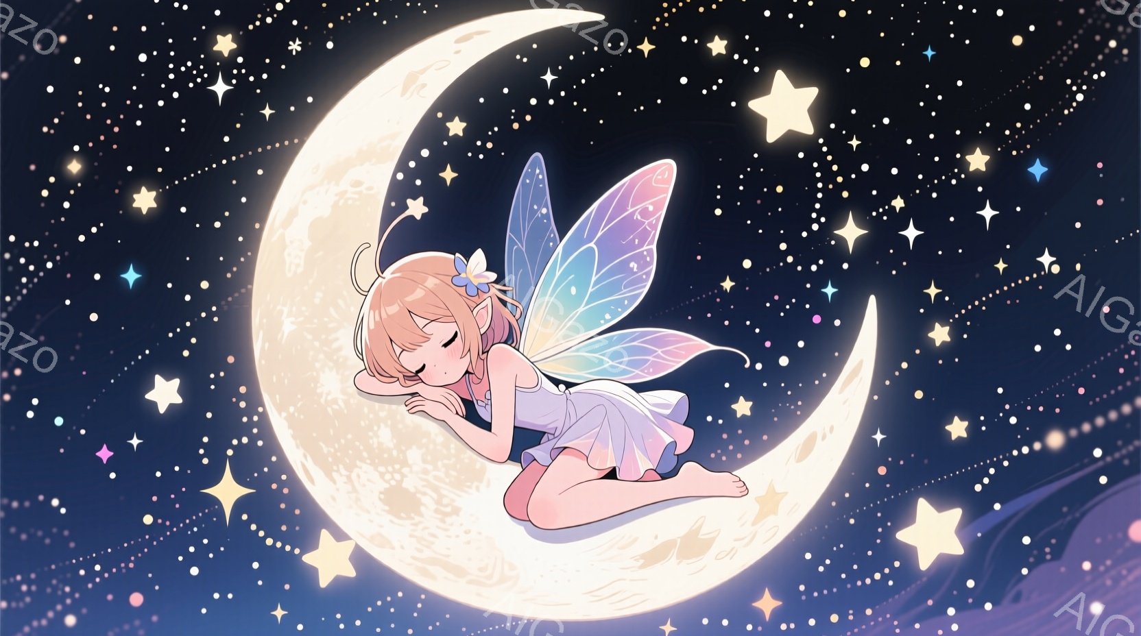 明るいクリーム色の月の上に、金髪の少女が白いドレスを着て横たわっています。彼女は片手を頬にあて、目を閉じ、穏やかな表情をしています。背景は暗い青色の空に、きらめく星々が散りばめられ、夢幻的な雰囲気を醸し出しています。