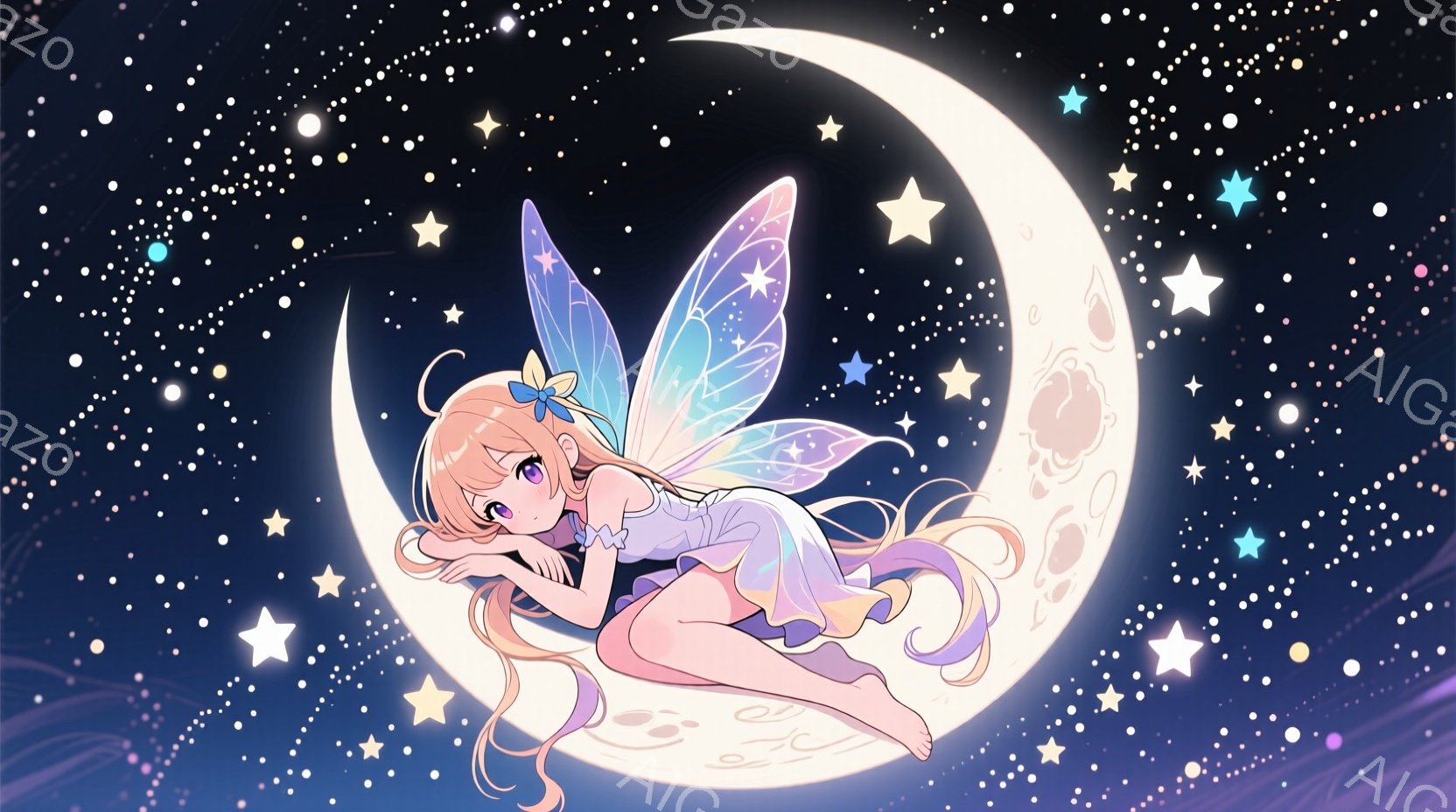 金髪の少女が三日月の上で横たわっており、淡い水色のドレスとパステルカラーの羽を持っています。彼女は片手を顎に当て、微笑みながら星空を見つめており、リラックスした雰囲気が漂います。背景は暗い夜空で、たく - AI生成フリー素材