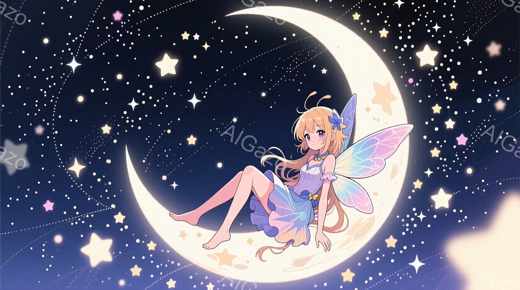このイラストは夜空をバックグラウンドとし、魔法使いのような少女が主要なキャラクターである。彼女は翼を持っており、長い髪と美しい服装を着ている。彼女は月の下に座っており、星々が散らばった空と一体となって - AI生成フリー素材
