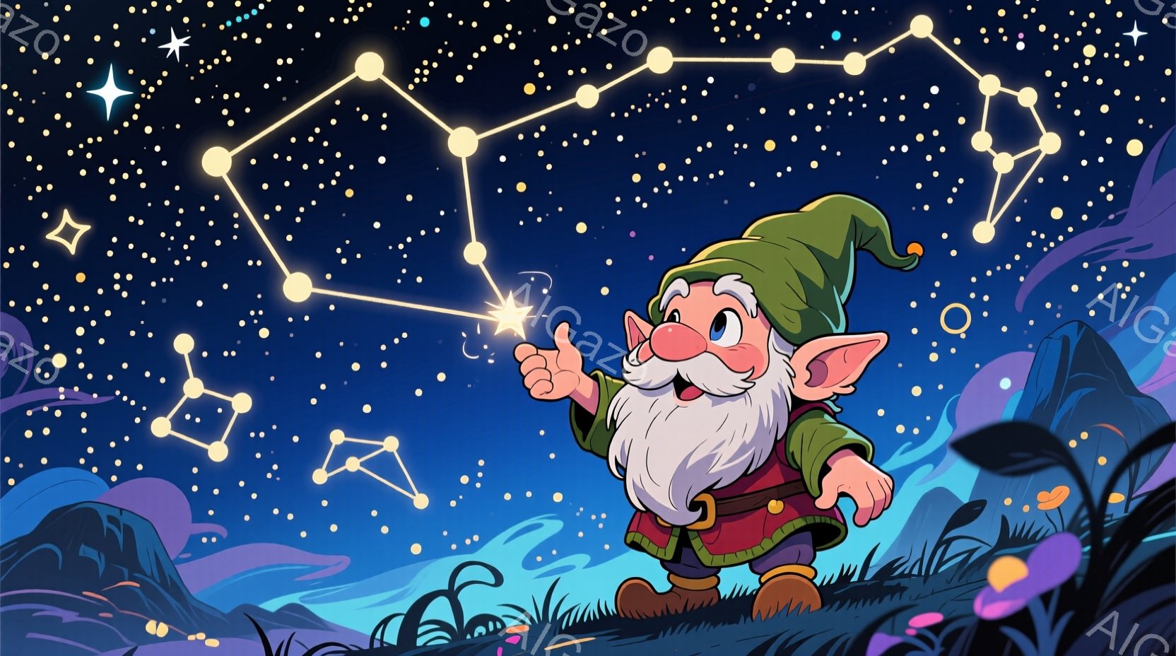 アニメーションスタイルで作られたもので、夜空を見上げる古風の妖精が描かれています。彼は長髪で白髭があり、小さな体格をしており、左手に星の形状を作っています。背景には夜空や星が描かれ、草や花などの自然要素も含まれています。画像全体としては、穏やかでファンタジー的な雰囲気が感じられる作品です。