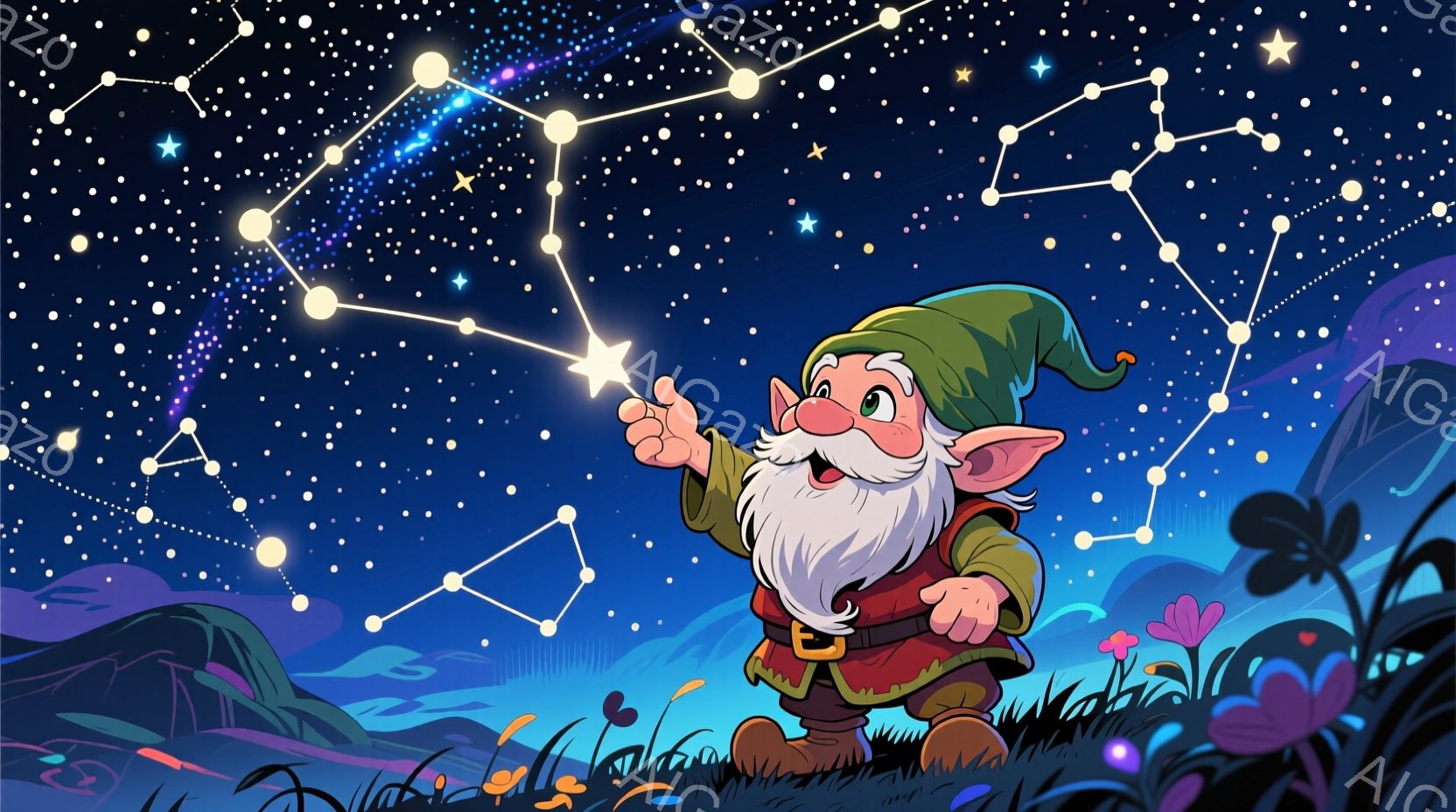 「Overwatch」というゲームのキャラクター、グリッズウィンドウズがデザインされたものです。彼は老人の姿勢をしており、手を上げて星のような光を放っています。彼は紫色のマントを着用しており、白髪とひげが特徴的です。背景は夜空に浮かぶ星々と環境を見せる山や木などの自然資源です。全体の雰囲気は魔法的で夢中のようなもので、グリッズウィンドウズが呪文をかけているかのような感覚があります。