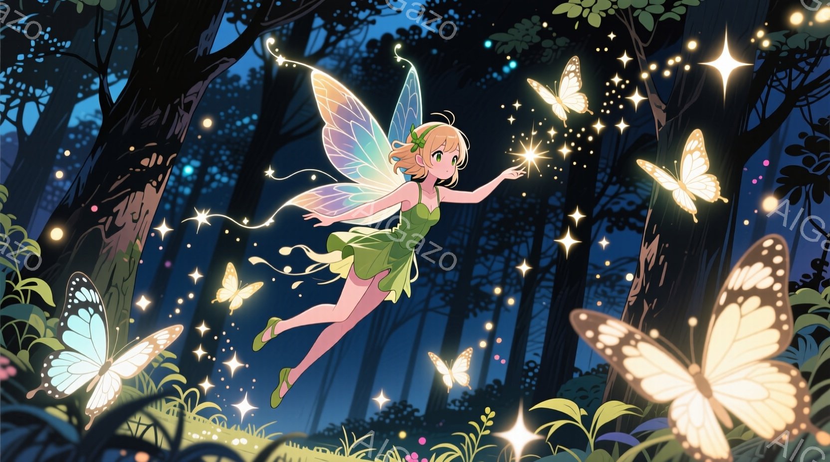 緑色のワンピースを着た少女が、夜の森の中で蝶と共に空を舞っている。彼女は金色の髪をサイドテールにし、微笑みを浮かべながら片手を伸ばして光る蝶に触れようとしている。背景は暗い森の中であり、木々や草が生い茂り、数多くの光る粒子が漂い、幻想的な雰囲気を醸し出している。