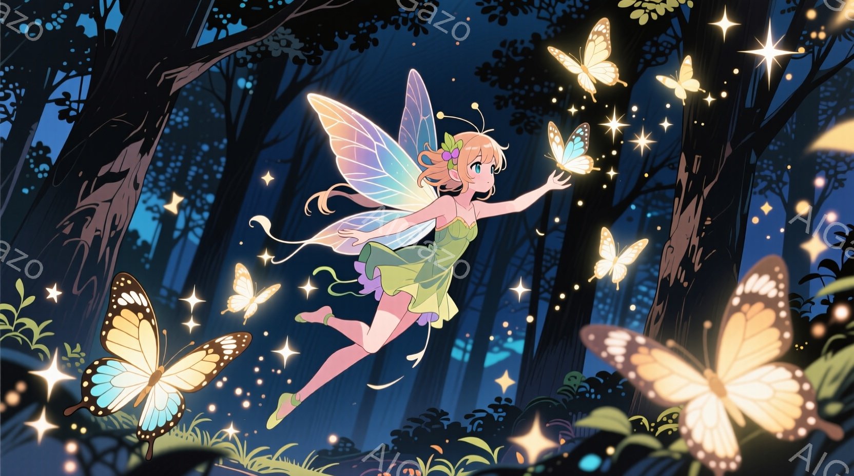 金髪の少女は、緑色のドレスと透明感のある羽を身につけ、夜の森の中で軽やかに舞っている。彼女は微笑みを浮かべ、片手を伸ばして、周りを飛び交う色とりどりの蝶々と触れ合っている。背景には暗い木々が生い茂り、きらめく光が森全体を幻想的な雰囲気に包み込んでいる。