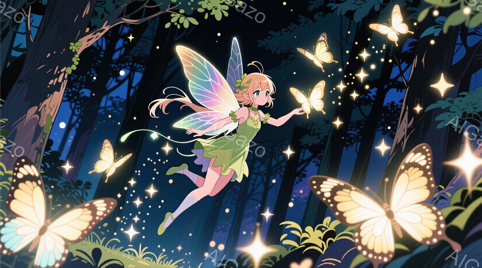 明るい緑色のドレスを着た少女が、夜の森の中で蝶に囲まれながら飛んでいる。彼女はオレンジ色の髪をポニーテールにし、楽しそうに微笑んでいる。背景には暗い木々と、光り輝く無数の星屑があり、幻想的で神秘的な雰囲気を醸し出している。