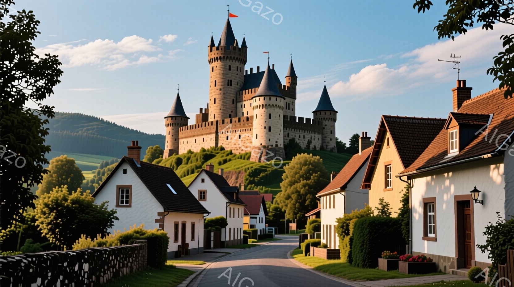 丘の上にそびえ立つ中世の城が印象的な風景です。周囲には可愛らしい家々が並び、緑豊かな木々や花壇が彩りを添えています。晴れた空と穏やかな光が、平和で牧歌的な雰囲気を醸し出しています。 - AI生成フリー素材