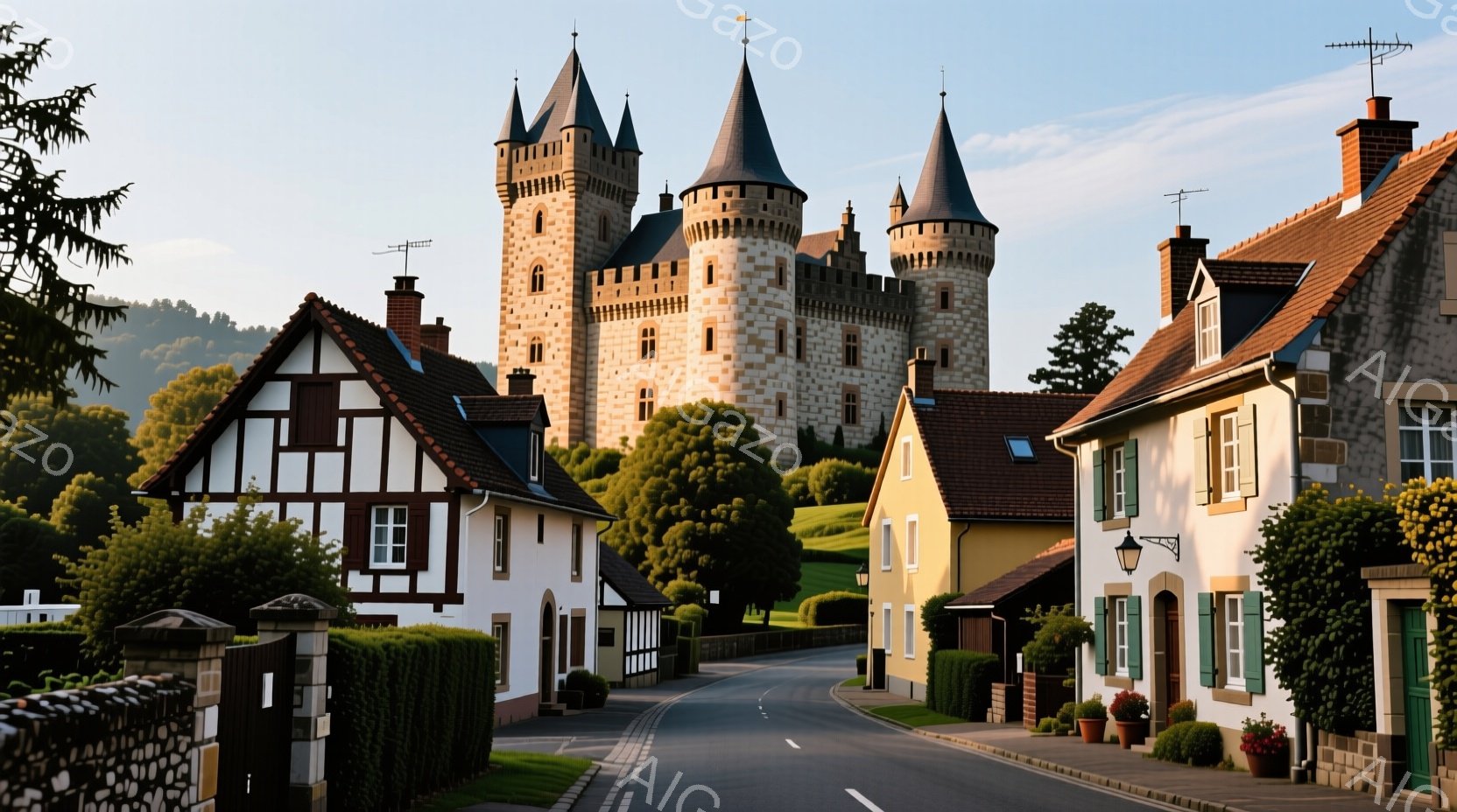 石造りの城が丘の上に堂々と建っており、周囲には可愛らしい家々が並んでいる。日差しは暖かく、緑豊かな木々が背景を彩り、穏やかで平和な雰囲気を醸し出している。家々は白やクリーム色を基調とし、窓枠には緑色の - AI生成フリー素材