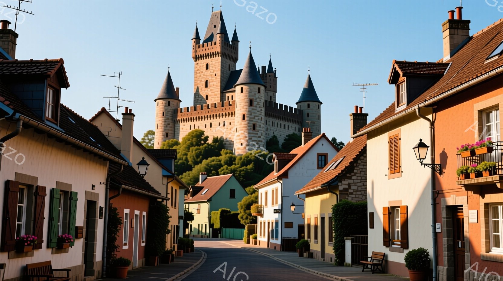 石造りの塔が緑豊かな丘の上にそびえ立ち、その麓にはカラフルな家々が並ぶ、魅力的な街並みが見える。太陽の光が暖かく降り注ぎ、石畳の道には影が落ち、穏やかで平和な雰囲気が漂っている。各家には可愛らしい花壇が飾られ、静かで絵画のような光景を作り出している。