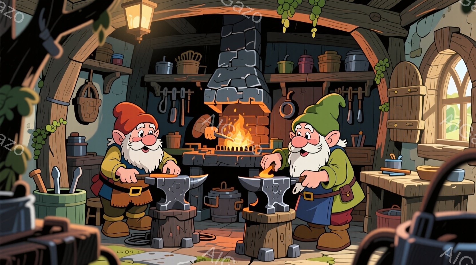 二人の白ひげの小人が鍛冶場で金属を扱っている様子が描かれています。緑色の帽子と青いエプロンを身につけ、笑顔で作業に集中しており、背景には暖炉や道具が並び、木造の小屋の内部であることがわかります。全体的に温かく、活気のある雰囲気で、ファンタジー作品の一場面のようです。