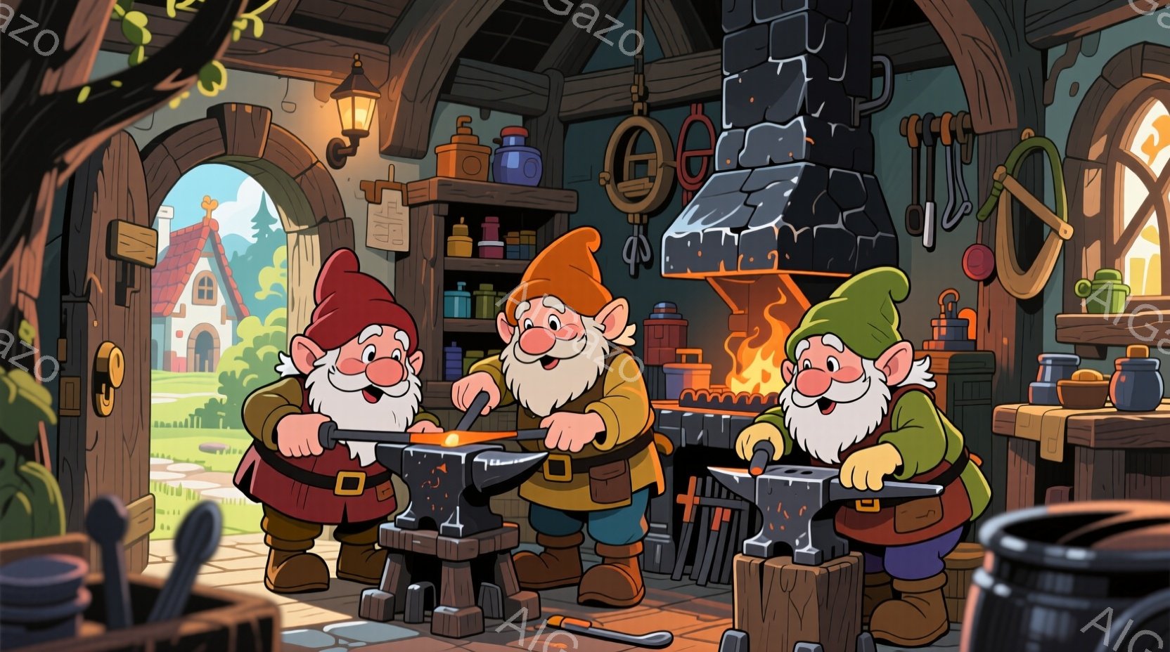 三人の小人が鍛冶場で熱い金属を扱っている様子が描かれています。彼らは赤い帽子と革のエプロンを身につけ、白いひげを生やし、笑顔を浮かべており、活気のある雰囲気を醸し出しています。背景には、緑豊かな風景と可愛らしい家々が見え、暖炉の明かりが室内を照らし、温かく、働き者の工房の雰囲気を表現しています。