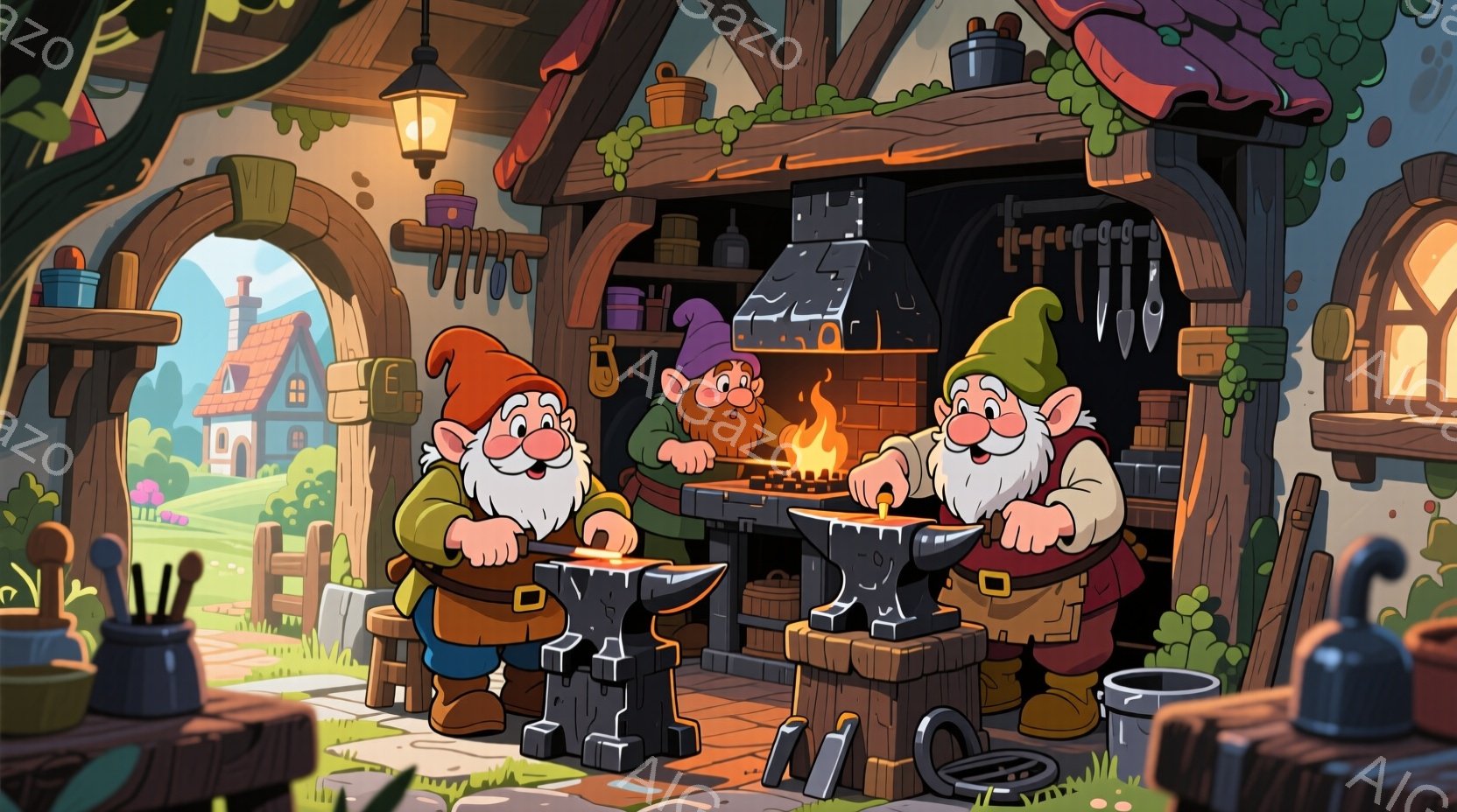 3人の小人が鍛冶場で金属を扱っている様子が描かれている。彼らは皆、緑色の帽子、茶色の作業着、そして白い髭を生やしており、熱い金属をハンマーで叩いている。背景には、屋根付きの鍛冶場、遠くの家々、緑豊かな自然が見え、活気のある温かい雰囲気が漂っている。