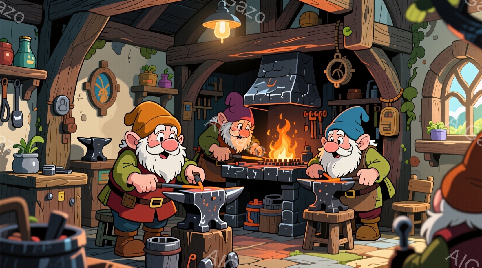 ３人の小柄な男たちは、鍛冶場の熱い炉の前で作業しています。それぞれ赤いベストと茶色のズボンを身に着け、頭には尖った帽子をかぶっており、長い白いひげを生やしています。背景には道具や瓶が並んだ壁があり、全 - AI生成フリー素材